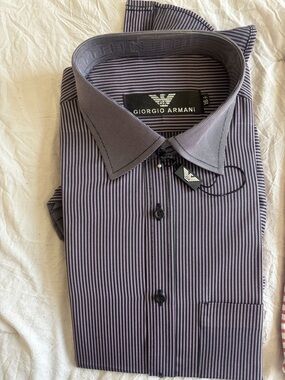 Giorgio Armani Men's Narrow Striped Purple and Black Dress Shirt